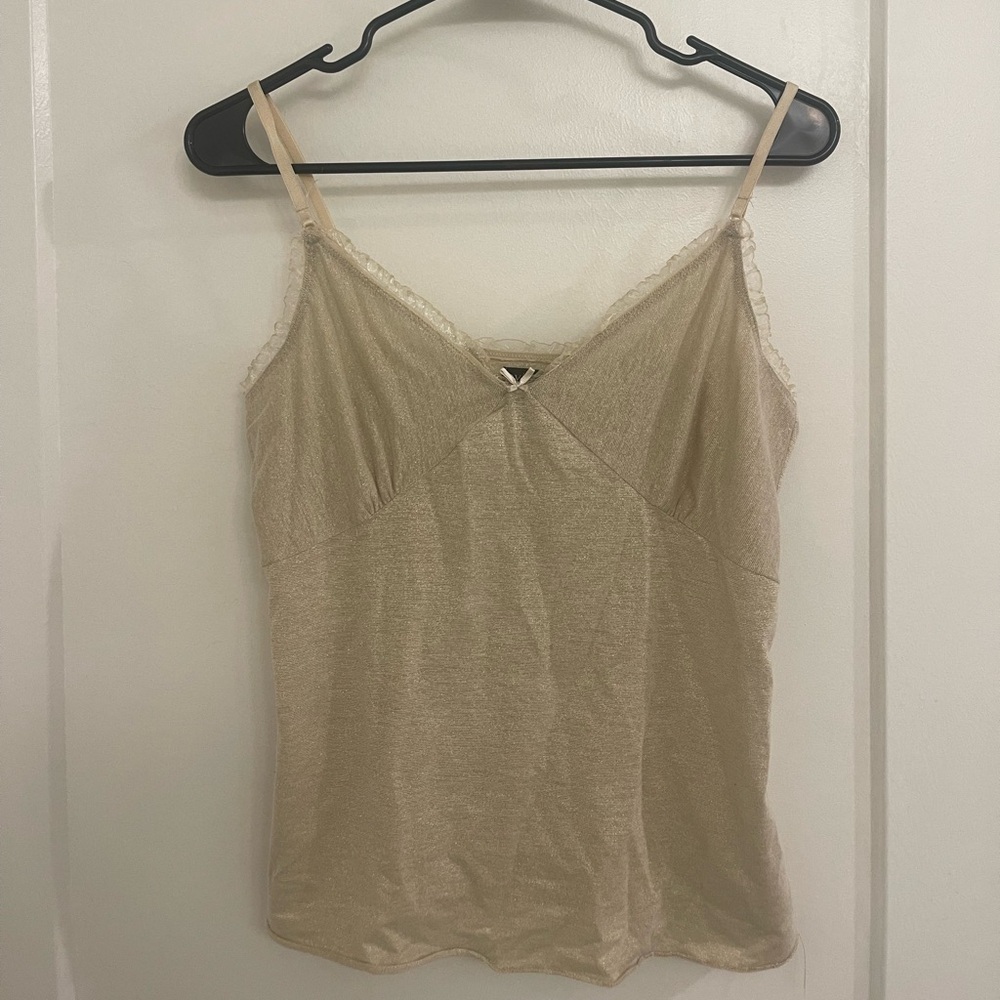 Vintage Y2K Beige Gold Shimmery Coquette Lace-Trim Cami Tank Top Holiday